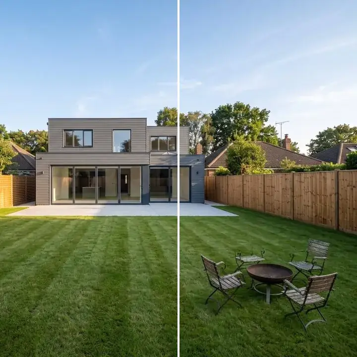 An open lawn, then a fire pit and chairs on it